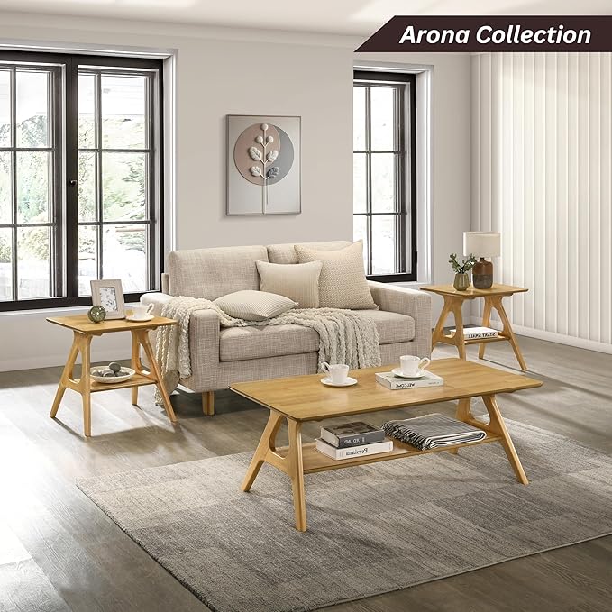 Roundhill Furniture Arona Mid-Century Modern Wood Shelf Coffee Table, Natural Oak Finish