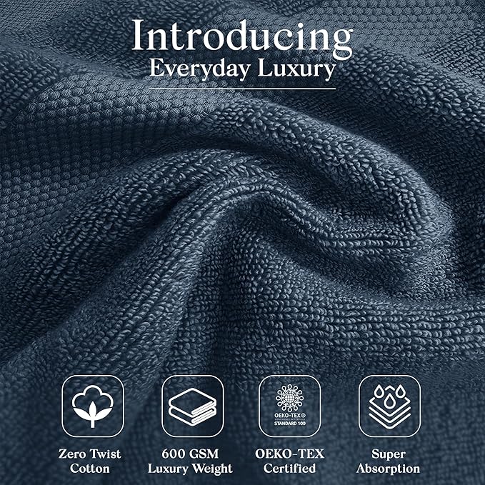 Zero Twist Bathroom Towel Set - Luxury Bath Towel Sets for Bathroom, Hands, and Washcloths - Quick Dry and Absorbent - 6 Pieces, 3 Stripe, Midnight