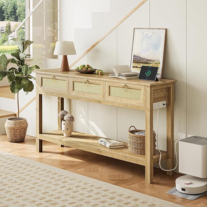 SUPERJARE Rattan Console Sofa Table with Outlets and USB-C Port, 3 Drawer Entryway Table with Synthetic Rattan Surface, Open Shelf, Behind Couch Entry Foyer Hallway Storage, Natural