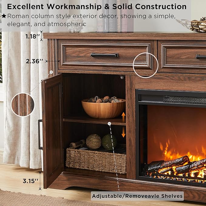 JXQTLINGMU Farmhouse TV Stand for Up to 80 Inch TV, Entertainment Center with Electric Fireplace, Storage Cabinet Drawer for Living Room (Brown)