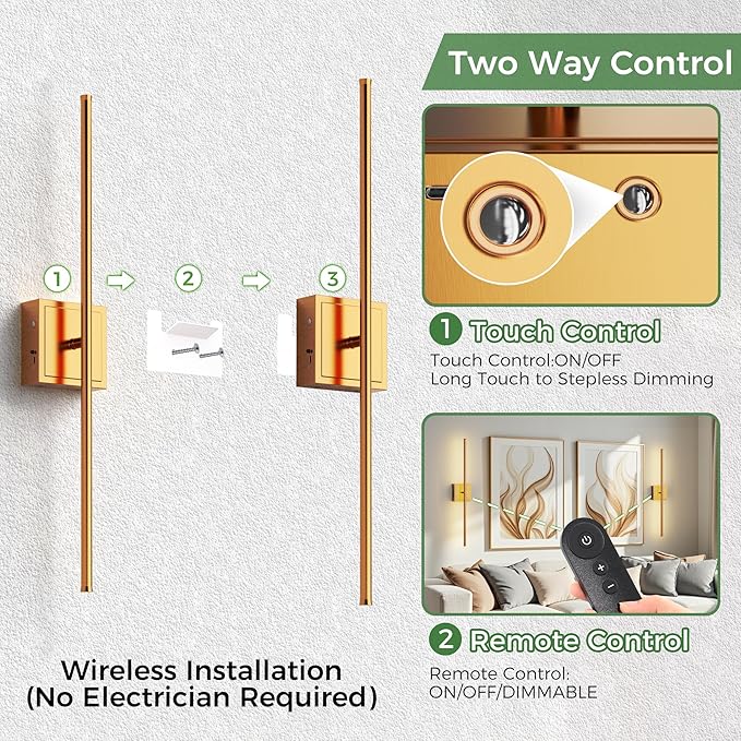 DORESshop Battery Operated Wall Sconces Set of Two with Remote Control, Rechargeable Wall Sconce, 350°Rotate Dimmable Wireless Wall Sconce for Living Room, Hallway, Bedroom, 28.1 Inch, Brass(2 Pack)