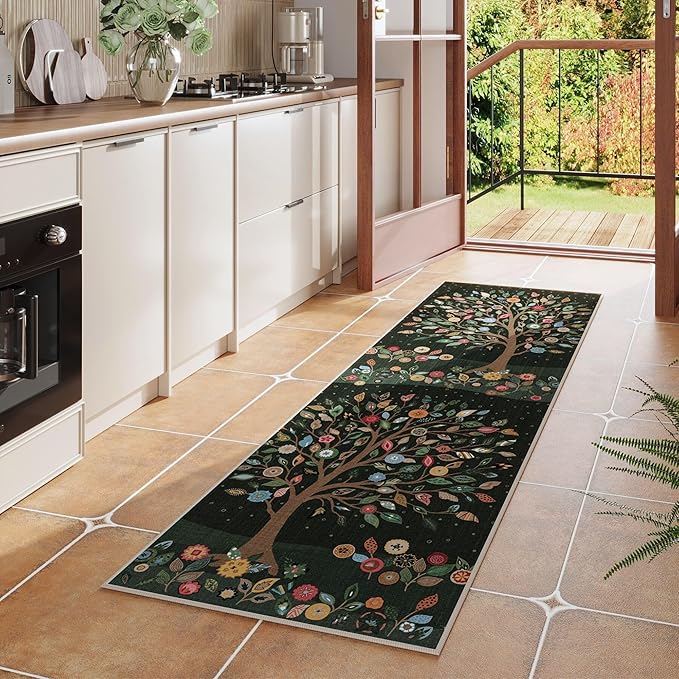 Runner Rug for Kitchen Rug Non Slip 2'x6' Washable Rugs Floral Tree with Rubber Backing Bohemian Soft Carpet Runner for Kitchen, Laundry, Bedroom, Bathroom, Green