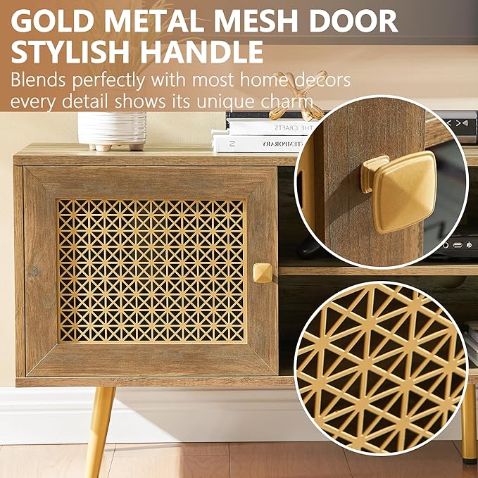 Mid Century Modern TV Stand with Metal Mesh Doors and Open Shelf for Tvs up to 65" Boho Media Console Entertainment Center with Cable Holes for Living Room Rustic Oak 59.06"x15.55"x20.87"