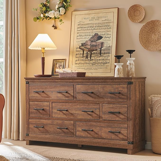 Farmhouse 7 Drawers Dresser for Bedroom, Large Chest of Drawers with Thick Plank Styling, Wood Closet Dresser for Bedroom or Living Room, Reclaimed Barnwood Color