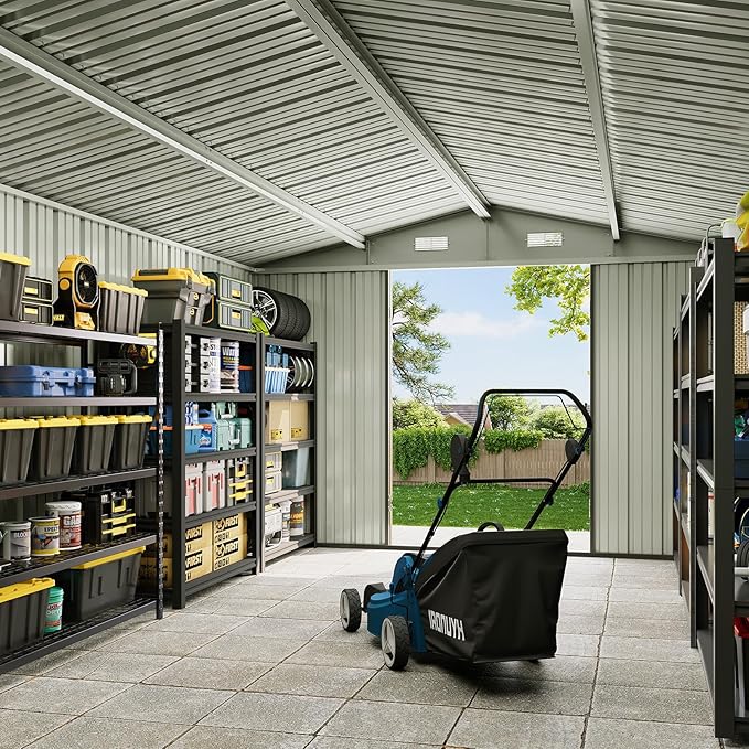 10x12 FT Outdoor Storage Shed Heavy-Duty Galvanized Steel Metal Garden Shed with Lockable Double Doors for Bike, Tool, Generator Storage in Backyard, Patio (10’x12’)