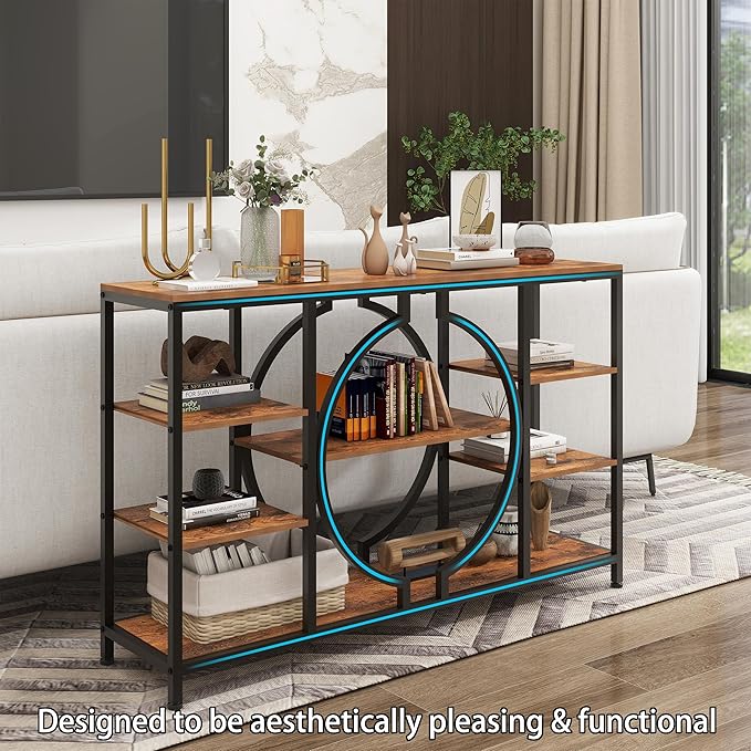 GiftGo 47" Industrial Console Tables for Entryway Rustic Sofa Table Behind Couch 4 Tier Wooden Shelves Entry Table with Storage for Foyer, Hallway, Front Door,Living Room (Rustic Brown, 47")