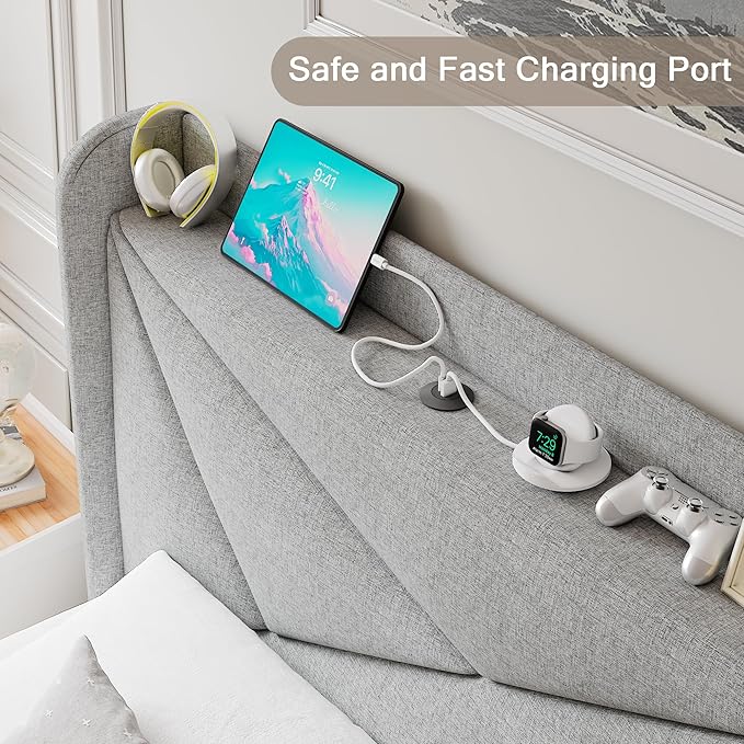 Twin Size Upholstered Bed Frame with Charging Station, Platform Bed Frame with Storage Headboard, Solid Wood Slats Support, No Box Spring Needed, Light Gray