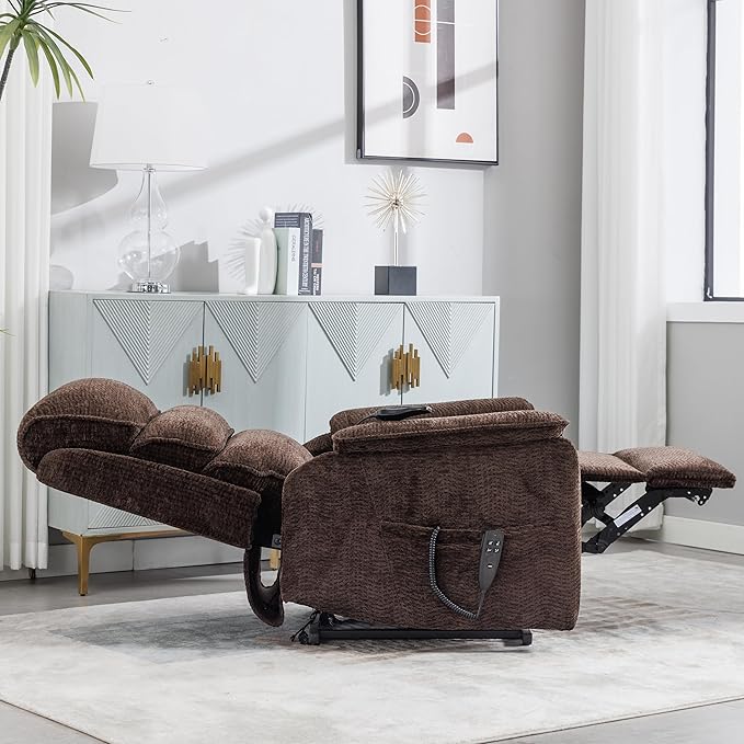 Lay Flat Lift Chair with Heat and Massage, Dual Motor Recliner, Infinite Position, Up to 350 LBS, Dark Brown, Chenille Fabric