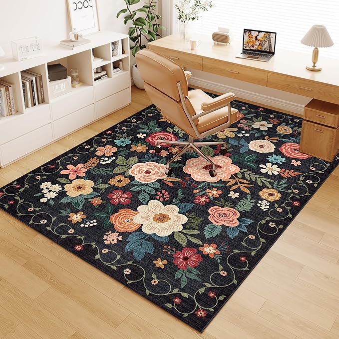 DUKINO 6x9 Area Rug, Floral Rugs for Living Room, Lightweight Non Slip Washable Indoor Low Pile & Non-Shedding Boho Design Carpet for Bedroom, Living Room, Dining Room, Black