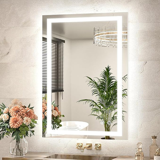 TETOTE LED Bathroom Mirror 24 x 36 Brighter Light up Mirror with Lights, Front and Backlit Lighted Mirror for Bathroom 3-Color Dimmable Led Vanity Illuminated Anti Fog Wall Mirror, Tempered Glass