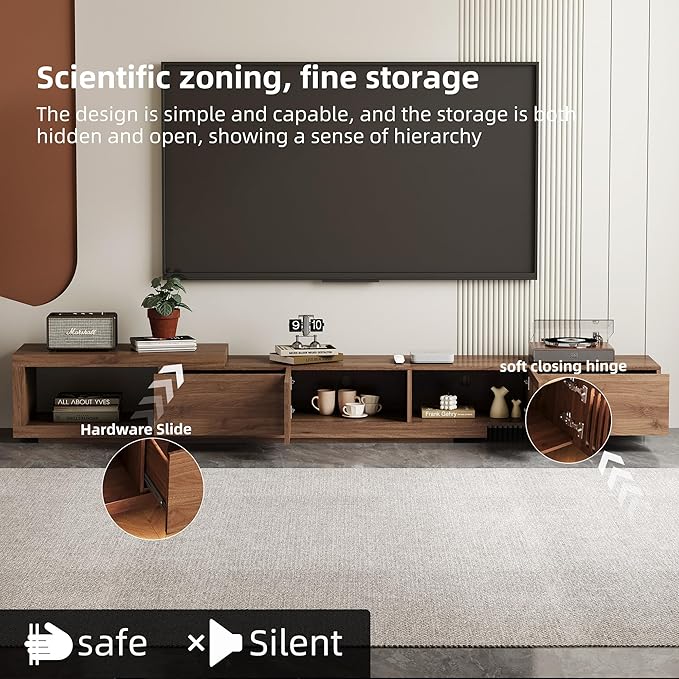 Modern Walnut TV Console for 75+ Inch Screen – Extendable Wood Media Unit (78"-103") with Grille Doors and Drawers, Great for Living Rooms & Bedrooms