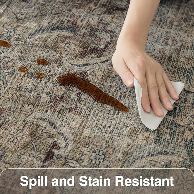 FMFUNCTEX 4x6 Washable Area Rug Neutral Vintage Brown Distressed Non Slip Low Pile Retro Indoor Carpet for Entryway Living Room Bedroom Soft Mat Throw Rug for Dining Office Kitchen Entryway, Multi