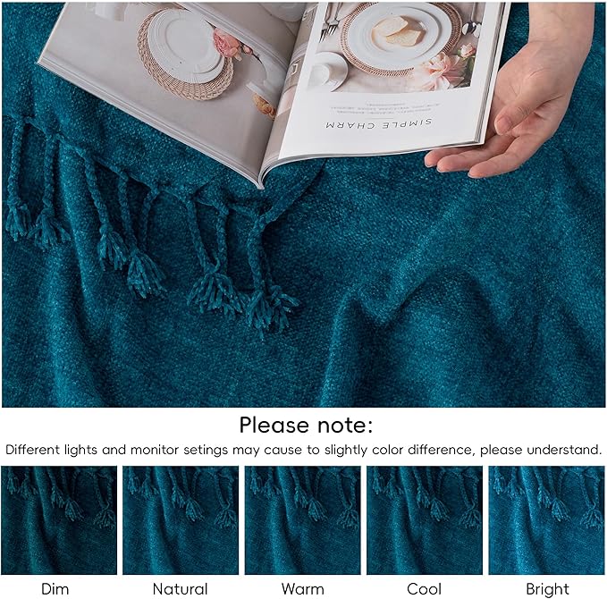 BATTILO HOME Teal Blue Throw Blanket for Couch, Bed, Sofa - Soft Cozy Chenille Throw with Fringe Tassels, Lightweight Knit Throw for Home Decor, 50"x60"