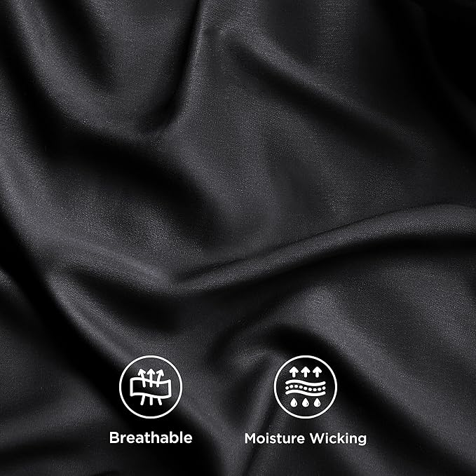 Bedsure Queen Sheets, Rayon Derived from Bamboo, Queen Cooling Sheet Set, Deep Pocket Up to 16", Breathable & Soft Bed Sheets, Hotel Luxury Silky Bedding Sheets & Pillowcases, Black