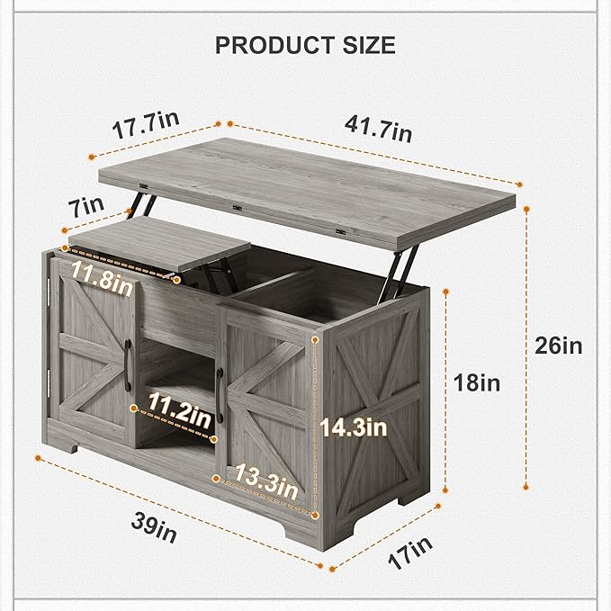 Lift Top Coffee Table with Storage, 4 in 1 Multi-Function Convertible Tea Tables with Hidden Compartment, Farmhouse Center Table Converts to Dining Table for Living Room, Grey