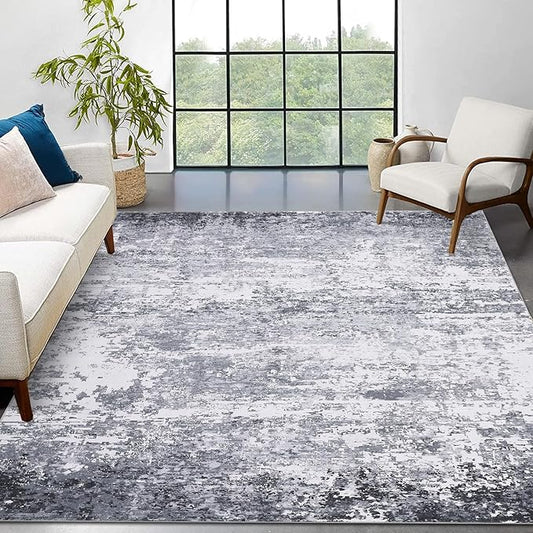 9x12 Modern Abstract Accent Rug Non Slip Stain Resistant Washable Low Pile Accent Washable Rug for Living Room Bedroom Indoor Floor Cover Office Home Decor, Light Grey