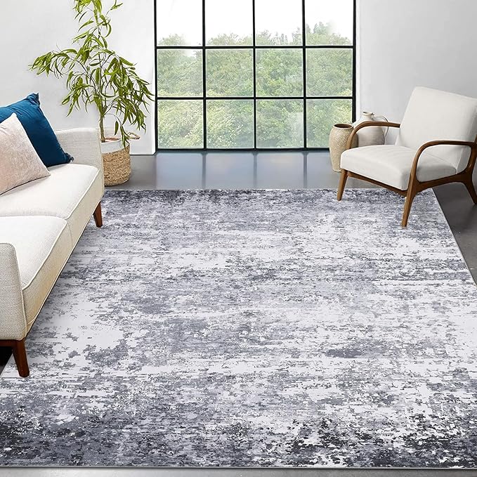 Area Rug 4x6 Stain Resistant Carpet Modern Abstract Rugs Ultra Soft Indoor Floor Cover Accent Rug Low Pile Machine Washable Thin Rug for Living Room Bedroom Dining Room, Light Grey