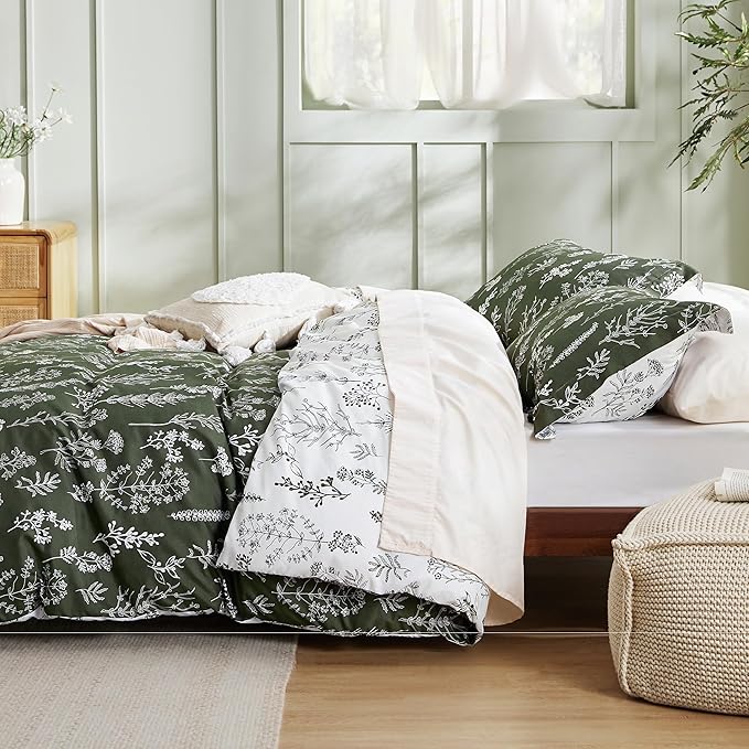Bedsure Queen Comforter Set - Dark Olive Green Bed Set, 3 Pieces Cute Floral Bedding, 1 Soft Reversible Botanical Flowers Comforter and 2 Pillow Shams