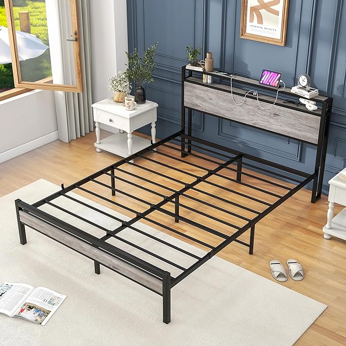 Queen Bed Frame with Storage Headboard/Power Outlets/USB Ports Charging Station,Metal Bed Frame Queen Size No Box Spring Needed,Under Bed Storage,Easy Assembly,Warm Grey