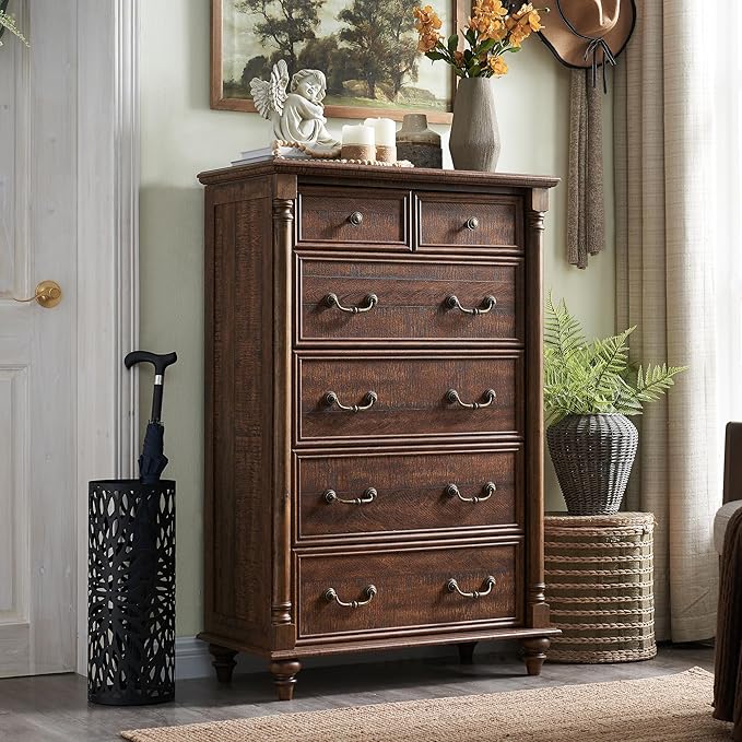 T4TREAM Farmhouse 6 Drawers Dresser Chests for Bedroom w/4 Solid Wood Feet & Column Decor, Tall Wood Country Rustic Chest of Drawers, Storage Dressers for Bedroom, Living Room,Reclaimed Barnwood Color