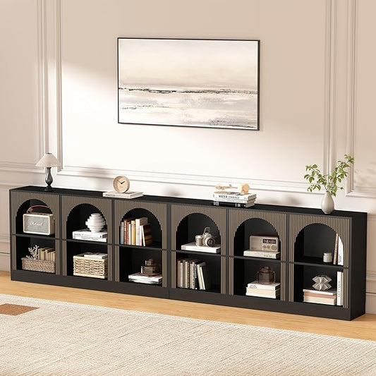 Console Table Set of 2, Extra Long 126" Arched Entryway Table with 3-Tier Open Storage, Rectangular Wooden Sofa Table for Living Room, Hallway, Behind Couch (2, Black)