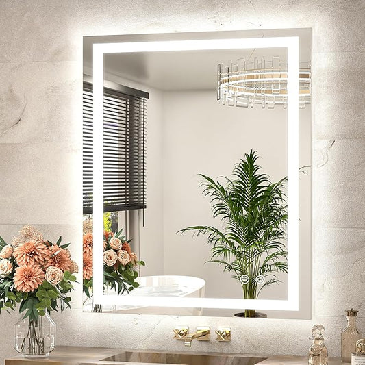 TETOTE LED Bathroom Mirror 30 x 36 Front and Backlit Lighted Bathroom Vanity Mirror with Brighter Lights 3-Color Dimmable Led Anti Fog Light up Mirror, Waterproof, Shatterproof Tempered Glass