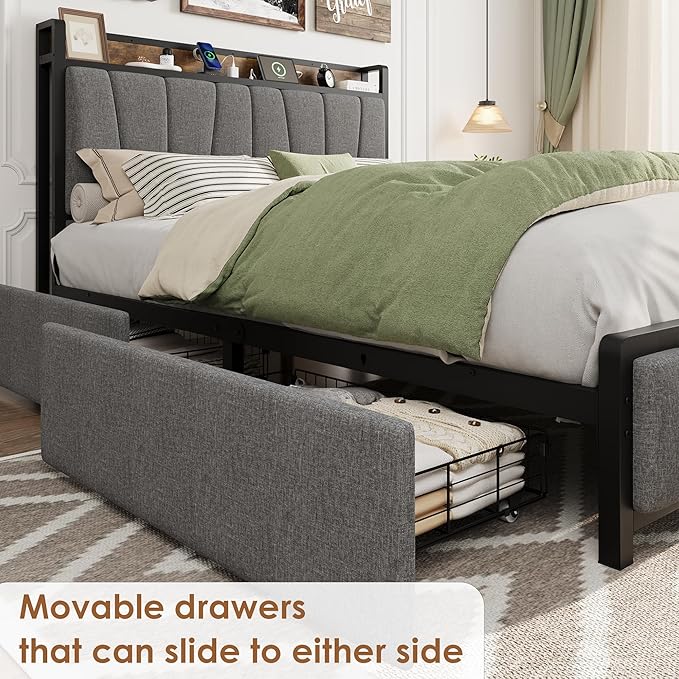 Queen Size Bed Frame with 2 Storage Drawers and Charging Station, Rustic Linen Upholstered Platform Bedframe with Storage Headboard, Heavy Duty, No Box Spring Needed, Easy Assembly, Noise Free, Grey