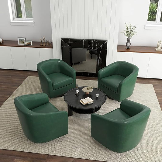 UIXE 360° Swivel Barrel Accent Chair Armchair, PU Leather Round Club Arm Chair for Lving Room, Modern Upholstered Small Bedroom Single Sofa Seat - Green, Set of 4
