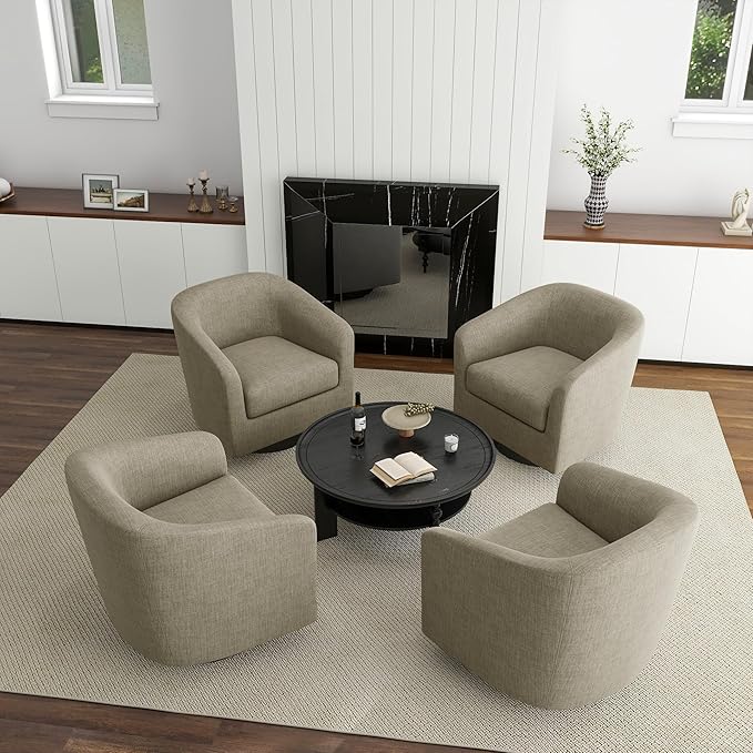 UIXE 360° Swivel Barrel Accent Chair Armchair, Round Club Arm Chair in Fabric for Lving Room, Modern Upholstered Small Bedroom Single Sofa Seat - Light Brown, Set of 4
