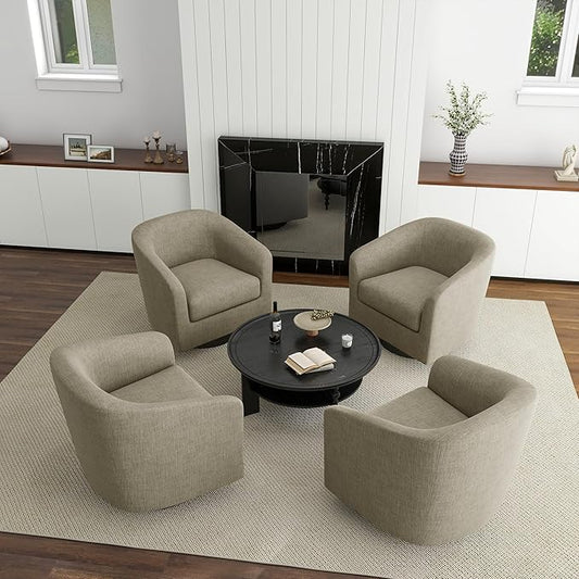 UIXE 360° Swivel Barrel Accent Chair Armchair, Round Club Arm Chair in Fabric for Lving Room, Modern Upholstered Small Bedroom Single Sofa Seat - Light Brown, Set of 4