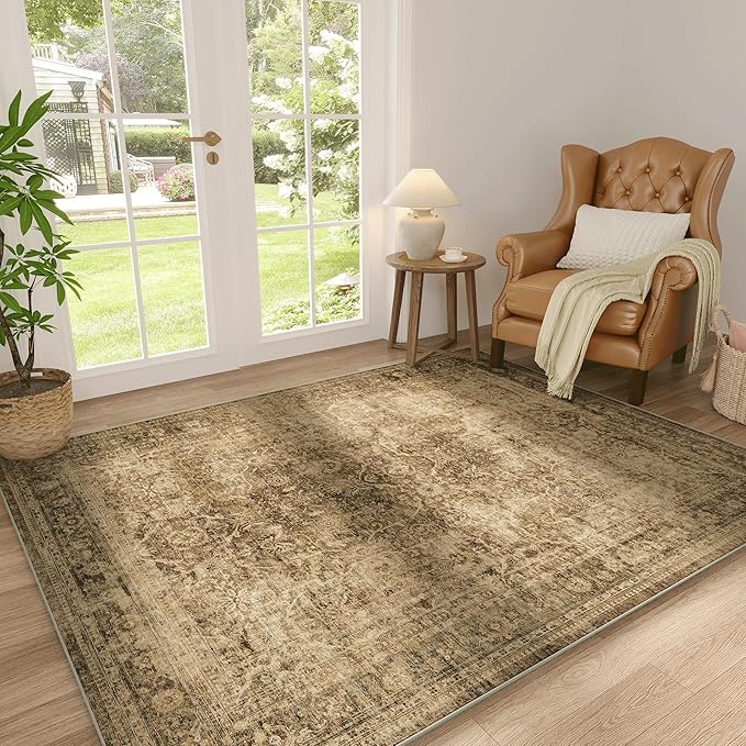 FMFUNCTEX 3x5 Washable Area Rug Brown Vintage Neutral Non Slip Low Pile Traditional Retro Indoor Carpet for Entryway Entrance Soft Floral Throw Rug Living Room Bedroom Kitchen Dining Office Laundry