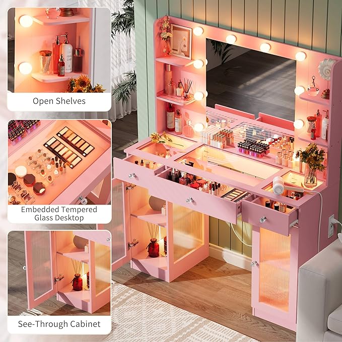 Makeup Vanity with Glass Top, Pink Vanity Desk with Mirror and Lights, Big Vanity with Drawers & Cabinets for Bedroom, Cute Vanity with Crystal Knobs & Power Outlet for Women, Girls