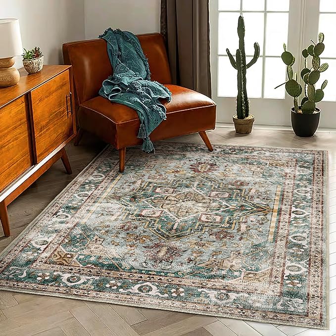 3'x5' Vintage Washable Thin Green Area Rug Tangerine Traditional Floor Cover Foldable Indoor Distressed Non Slip Carpet Floral Print Mat Bedroom Living Room Bathroom