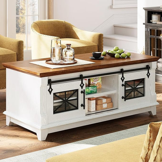 IRONCK 48'' Coffee Table with Sliding Barn Doors, Rustic Center Table with 6 Large Storage Space, Glass Doors and Adjustable Middle Shelf, Farmhouse Coffee Tables for Living Room, White