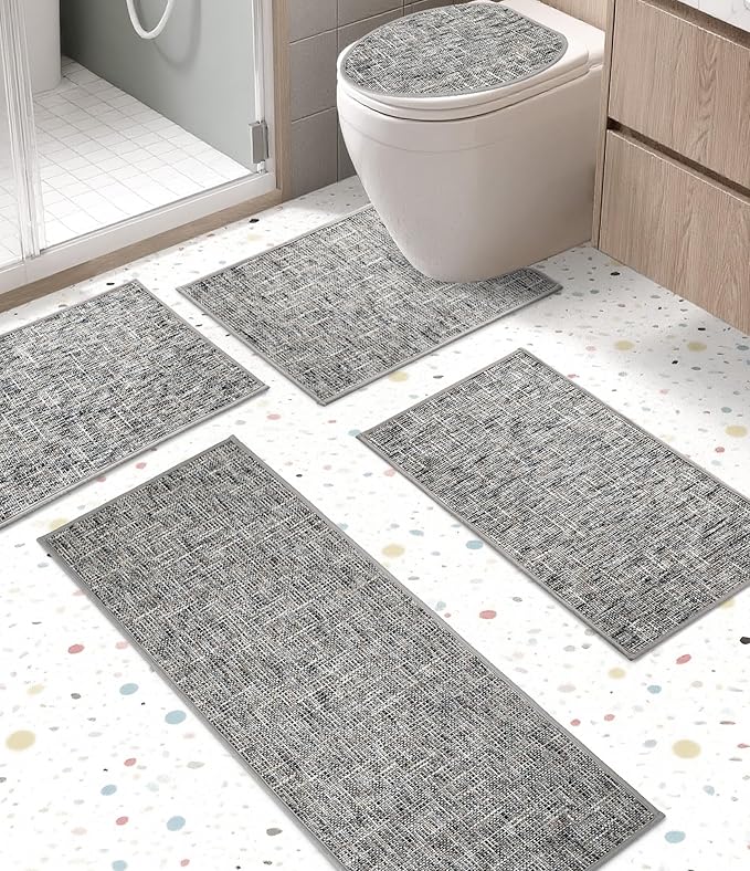 YIHOUSE Bathroom Rugs Sets 5 Pieces, Ultra Thin Non Slip Washable Bath Mat Sets, Absorbent Quick Dry Bath Mats for Bathroom Floor, Grey