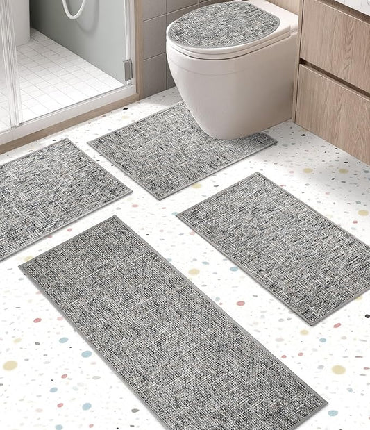 YIHOUSE Bathroom Rugs Sets 5 Pieces, Ultra Thin Non Slip Washable Bath Mat Sets, Absorbent Quick Dry Bath Mats for Bathroom Floor, Grey