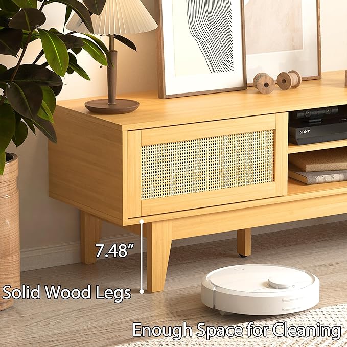 Boho TV Stand for 55 65 Inch TV, Rattan Entertainment Center with Shelves, Cabinets and Sliding Doors, TV Media Console Table with Solid Wood Feet & Cord Holes for Living Room, Bedroom, Natural