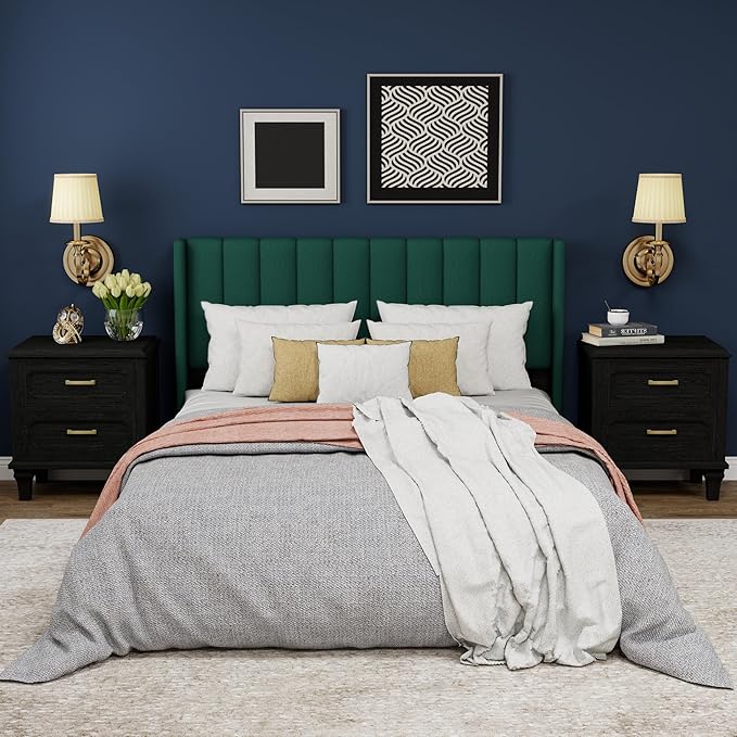 Upholstered Platform Queen Size Bed Frame with Headboard Wooden Slats Support No Noise Easy Assembly Green Velvet