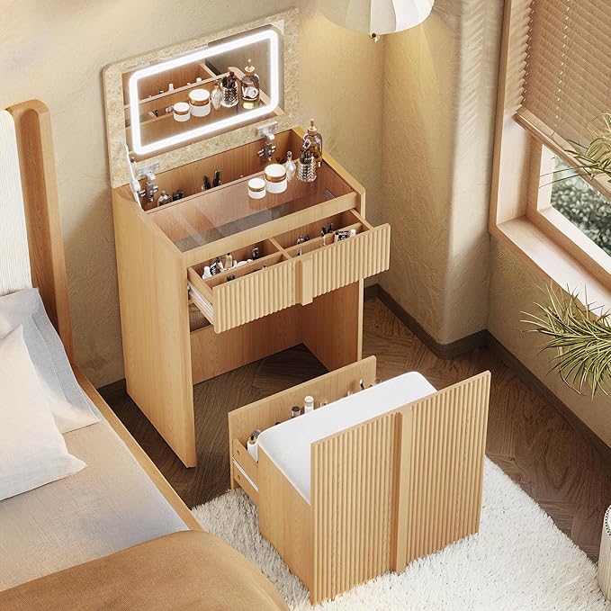 Compact Makeup Vanity Desk with Flip Top Mirror,3 in 1 Vanity Desk with Mirror and Lights,Hidden Storage Chair,Oak Makeup Vanity Table with Space-Saving for Small Bedrooms & Apartments,Light Oak