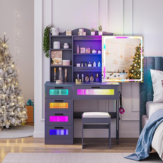 Vanity Desk with Lights and Sliding Mirror, Makeup Vanity Desk with Charging Station, Vanitys Dressing Table with Stool,LED Vanity Set with Large Drawers&Shelves for Bedroom, Decor, Grey