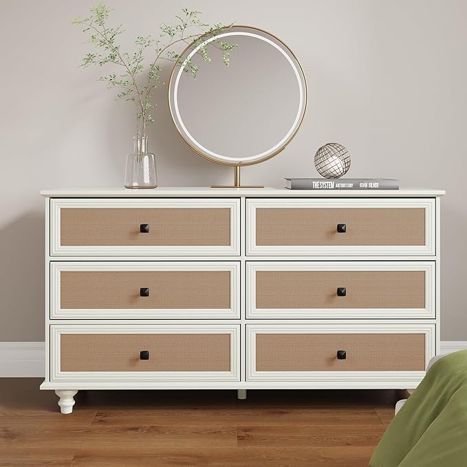 6 Drawer Dresser for Bedroom, Mid Century Modern Wide Wood Rustic Chest of Drawers Wooden Storage Organizer Dressers with Burlap Rattan Drawers for Living Room, Hallway Closet, Entryway, Beige White