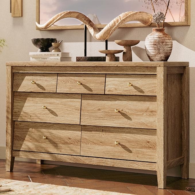 7 Drawers Dresser with Beveled Panel, Farmhouse Chest of Dressers for Bedroom, Wood Dresser TV Stand, Drawer Organizer for Bedroom, Living Room, Hallway, Natural Oak