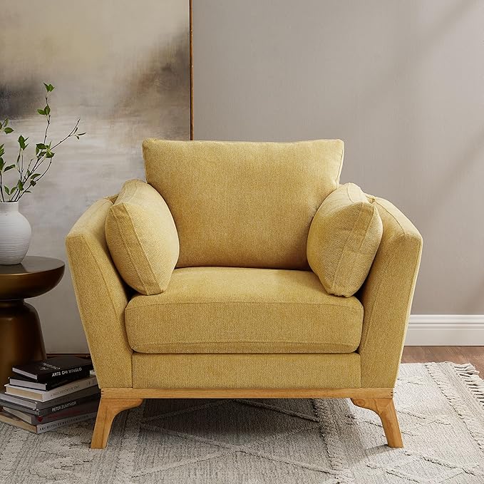 Large-Sized Accent Chair, Thick Cushion Bedroom Reading Chair, Comfortable Living Room Single Sofa, Linen Yellow