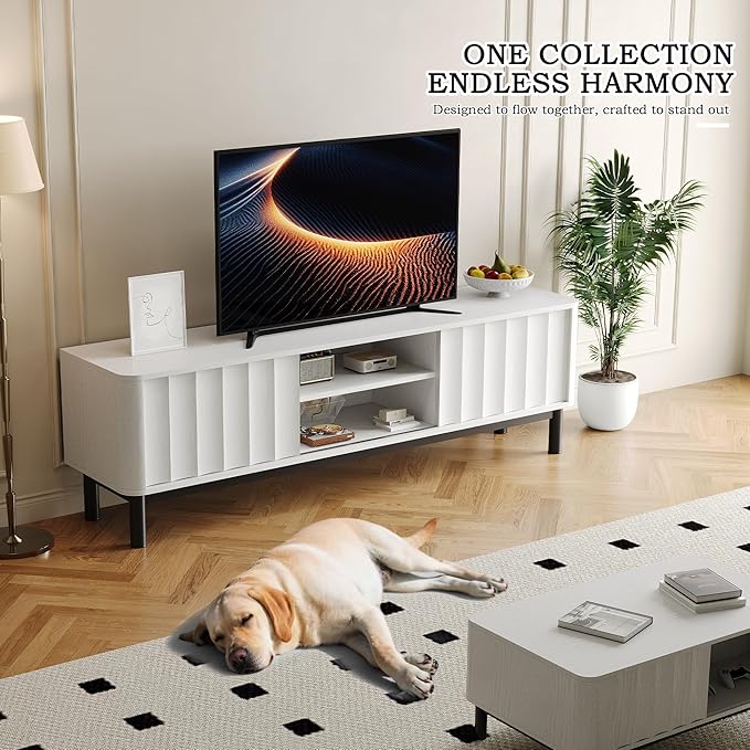 White Mid Century Modern TV Stand, Wood Fluted Living Room TV Stands with Storage Sliding Doors, Desert-Inspired Design MCM Entertainment Center for 55 60 65 70 75 55+ 60+ 65+ 70+ Inch