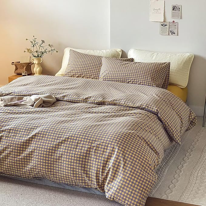 mixinni Yellow/Purple Gingham Comforter Set Queen, Plaid Comforter Set 3 Pieces 1 Vintage Grid Comfoter with 2 Pillow Cases for All Seasons, Soft Fluffy Modern Grid Pattern Printed Bedding-Queen Size