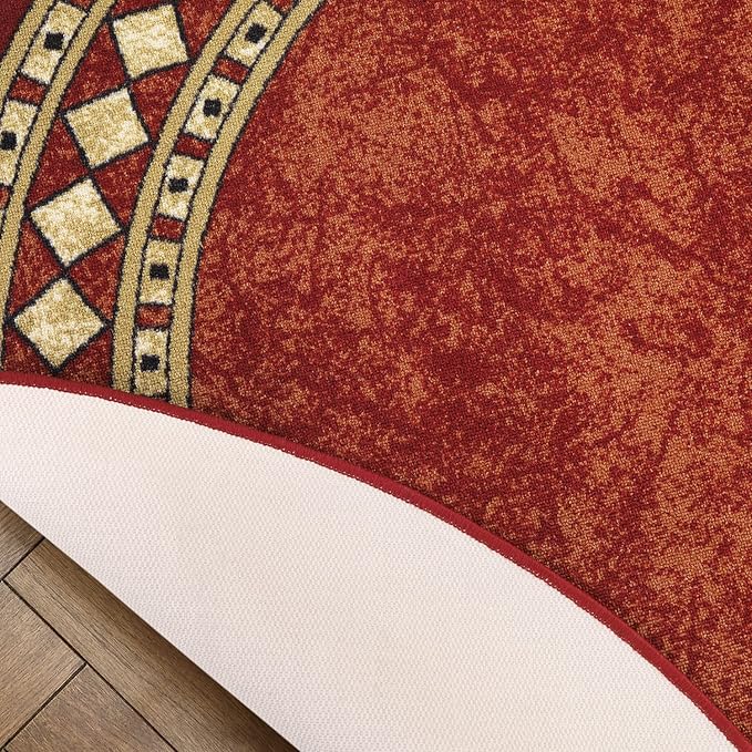 Antep Rugs Alfombras Modern Bordered 5x7 Non-Skid (Non-Slip) Low Profile Pile Rubber Backing Indoor Area Rugs (Maroon Beige, 5' x 7' Oval)