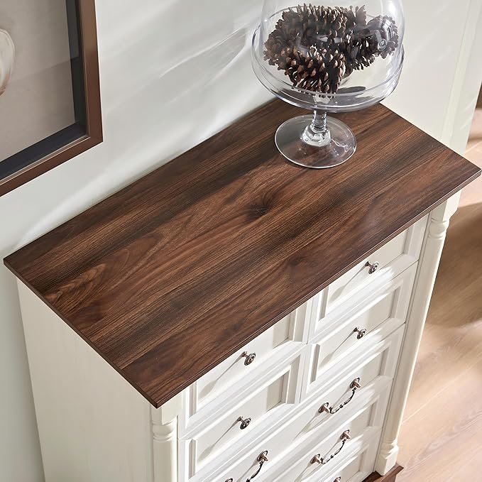 Farmhouse Tall 7 Drawer Dresser with Deep Drawers and Roman Column, Antique White Dressers & Chest of Drawers for Bedroom Storage