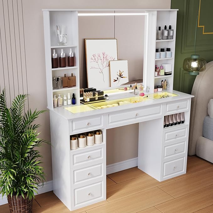 Extra Large Vanity Desk with Lighted Mirror, Makeup Vanity with RGB Glass Top, White Vanity Table with 9 Drawers, Tall Dressing Table with Crystal Ball Knobs (Minimalist Style)
