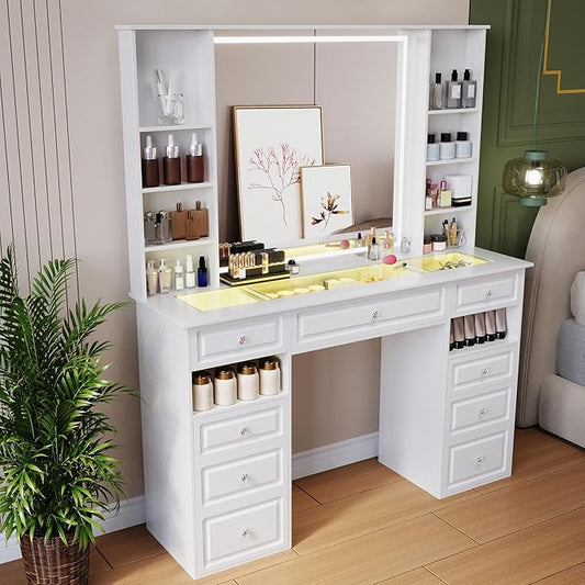 Extra Large Vanity Desk with Lighted Mirror, Makeup Vanity with RGB Glass Top, White Vanity Table with 9 Drawers, Tall Dressing Table with Crystal Ball Knobs (Minimalist Style)