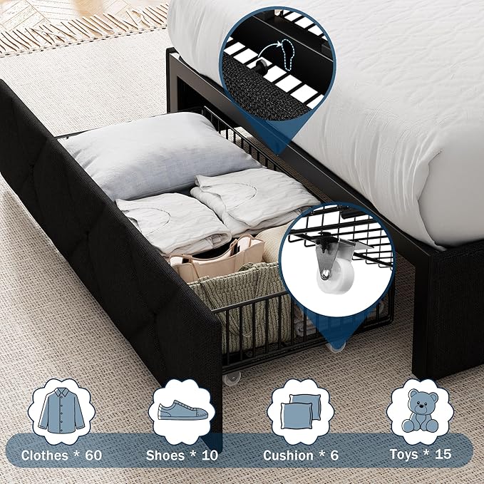 Twin Bed Frame with 4 Large Storage Drawers, Upholstered Platform Bed with Charging Station, Modern Wingback Storage Headboard, Easy Assembly,Noise-Free, Black